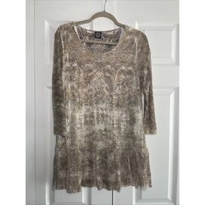 Cal Style Boho Lace Tunic Womens Size M Gold Tan Paisley Sheer Layered Lined